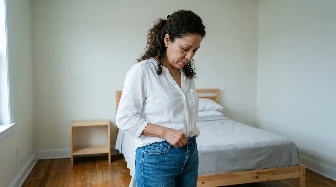 Mujer notando un cambio en cómo le quedan los jeans