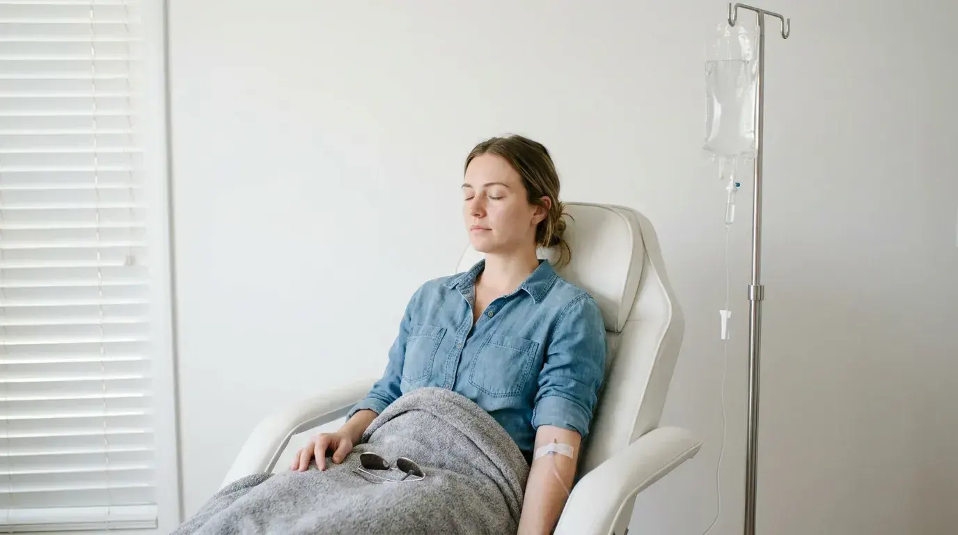 Mujer descansando mientras recibe un suero IV para la resaca en Golden Rose, en Apopka