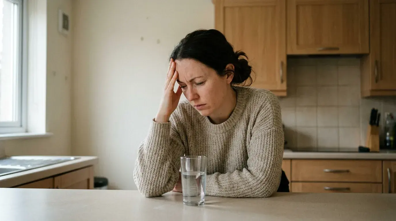 Mujer con un dolor de cabeza palpitante por la mañana, un síntoma común de la resaca