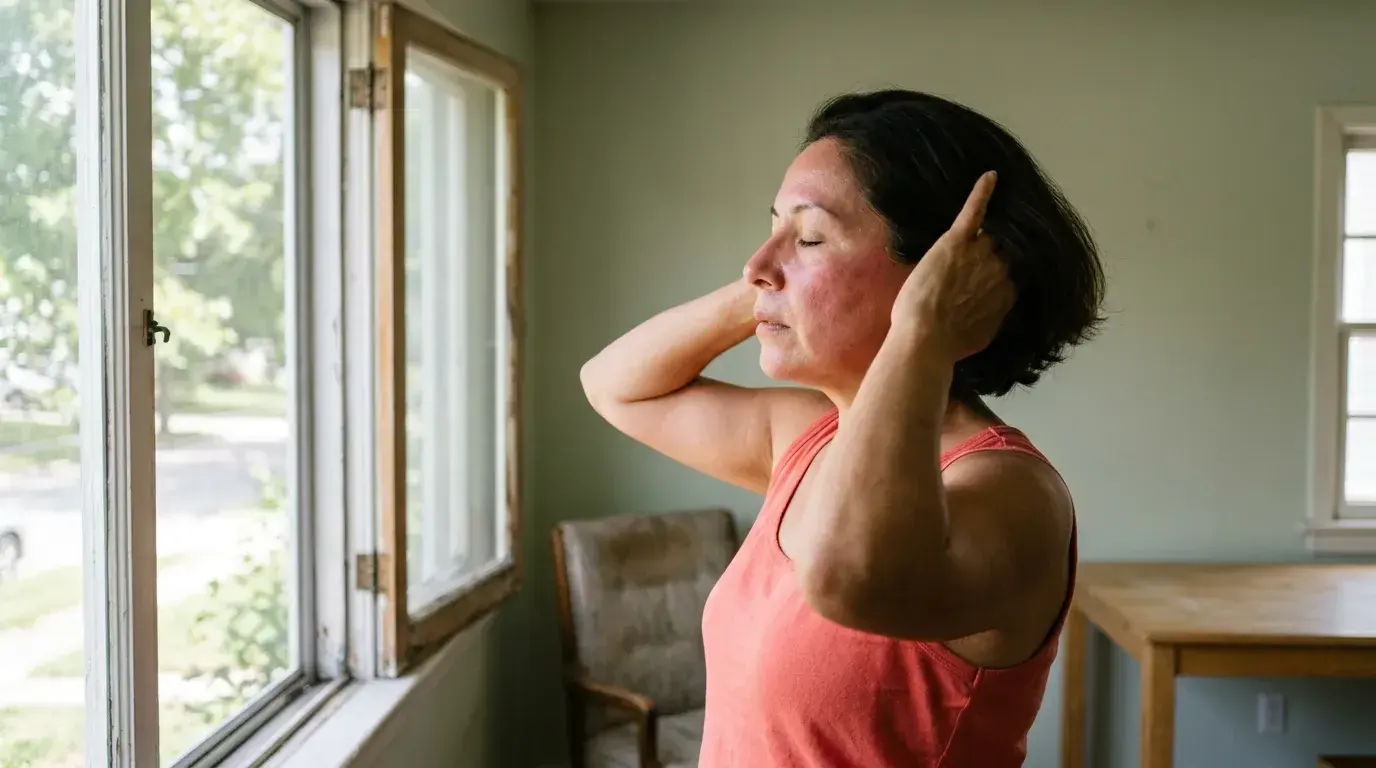 Mujer refrescándose durante un sofoco, un síntoma común de la menopausia