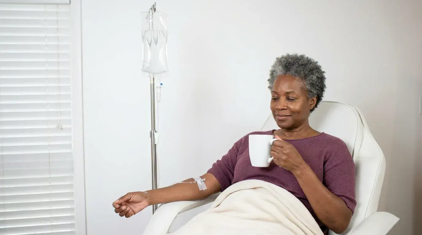 Mujer reconfortándose con una infusión IV de inmunidad en Golden Rose