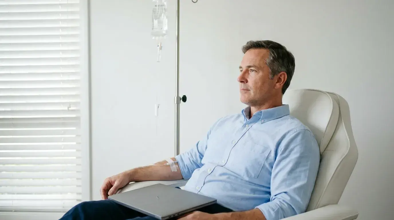 Hombre tomándose un descanso para su terapia de vitaminas intravenosas en Golden Rose