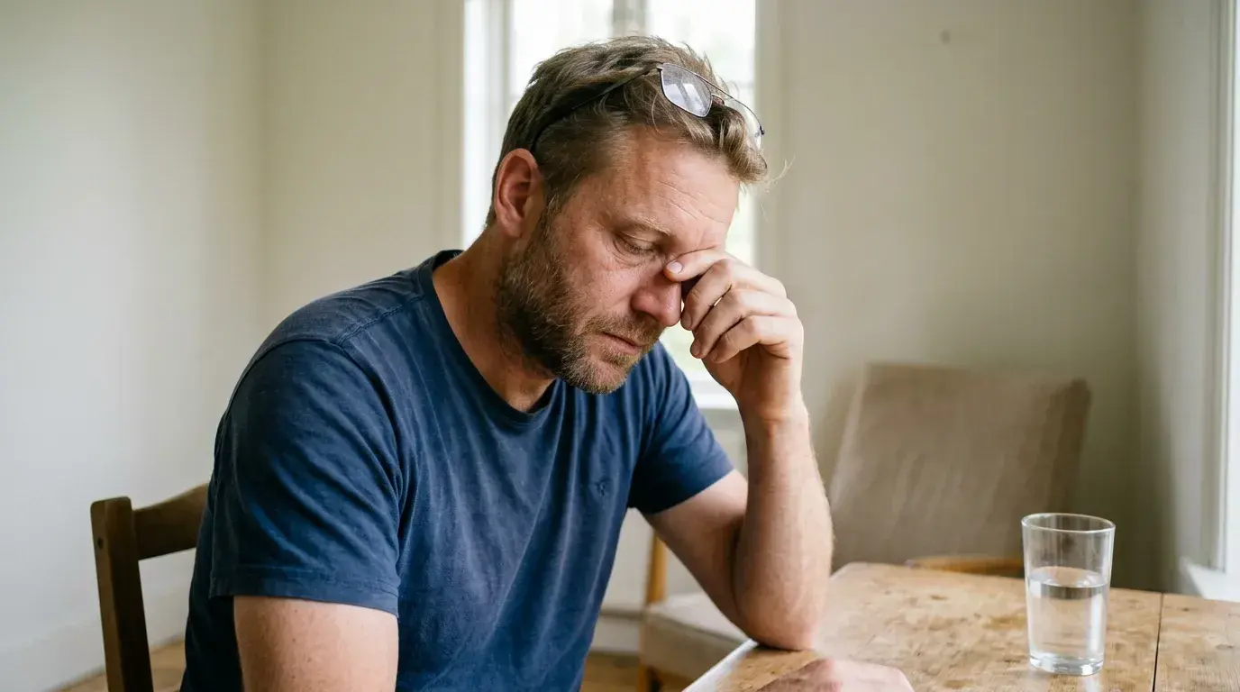 Hombre cansado en su escritorio, una señal de que la terapia IV podría ayudar