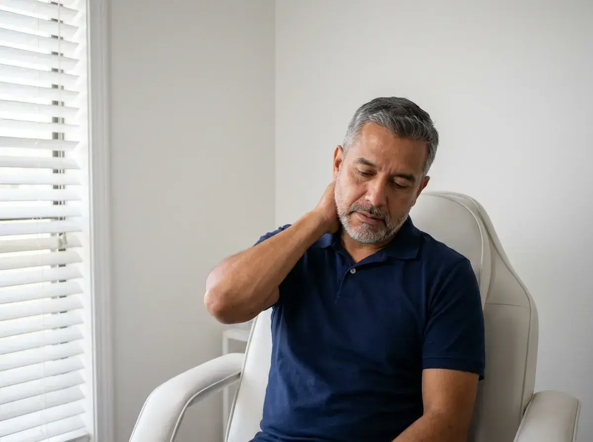Man in the Golden Rose consult chair rubbing his neck, low energy and fatigue