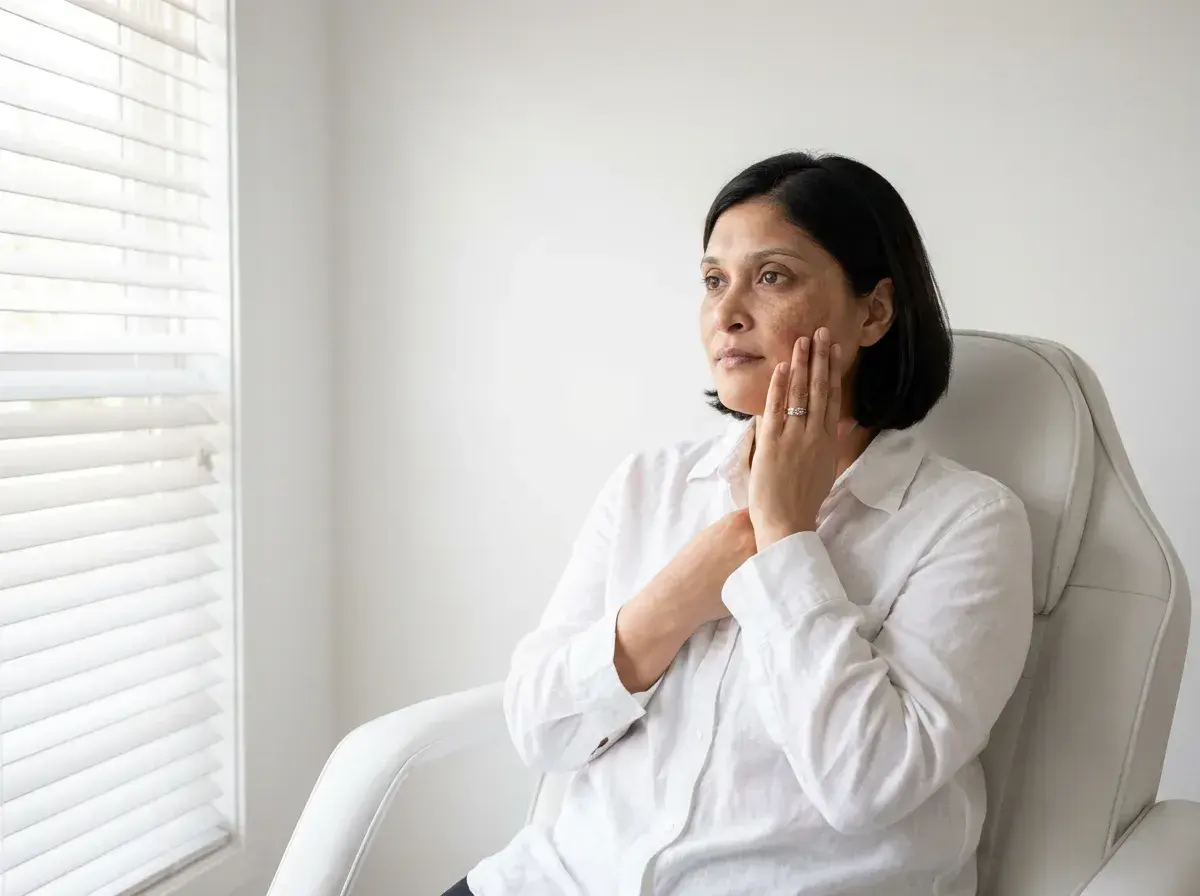 Hormonal melasma patches across the upper cheeks